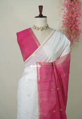 Pearl White - Maheswari - Premium Lightweight Cotton Silk with Tiny Zari Border with Buttas - Perfect for Festive Wear