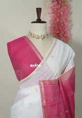 Pearl White - Maheswari - Premium Lightweight Cotton Silk with Tiny Zari Border with Buttas - Perfect for Festive Wear