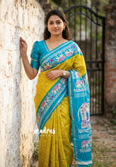 Yellowish Green with Blue - Uniform sarees Malgudi Printed Silk with Elephant Border - Perfect for Office Wear | Casual Wear
