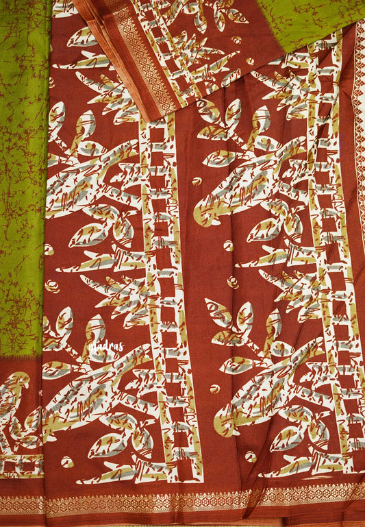 Uniform sarees Malgudi printed silk - Mehendi green with Maroon