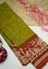 Uniform sarees Malgudi printed silk - Mehendi green with Maroon