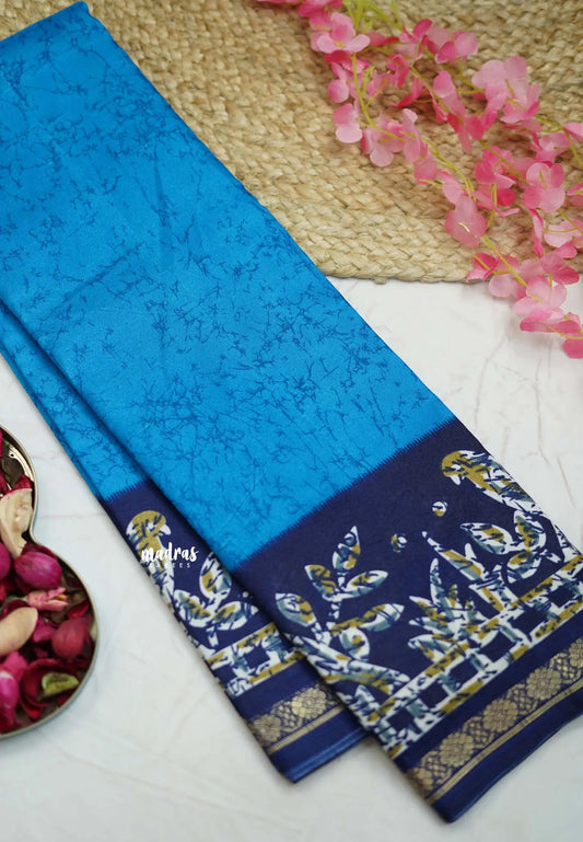 Uniform sarees Malgudi printed silk - Ananda blue with deep blue