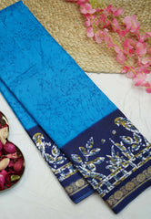 Uniform sarees Malgudi printed silk - Ananda blue with deep blue