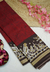 Uniform sarees Malgudi printed silk - Maroon with Brown