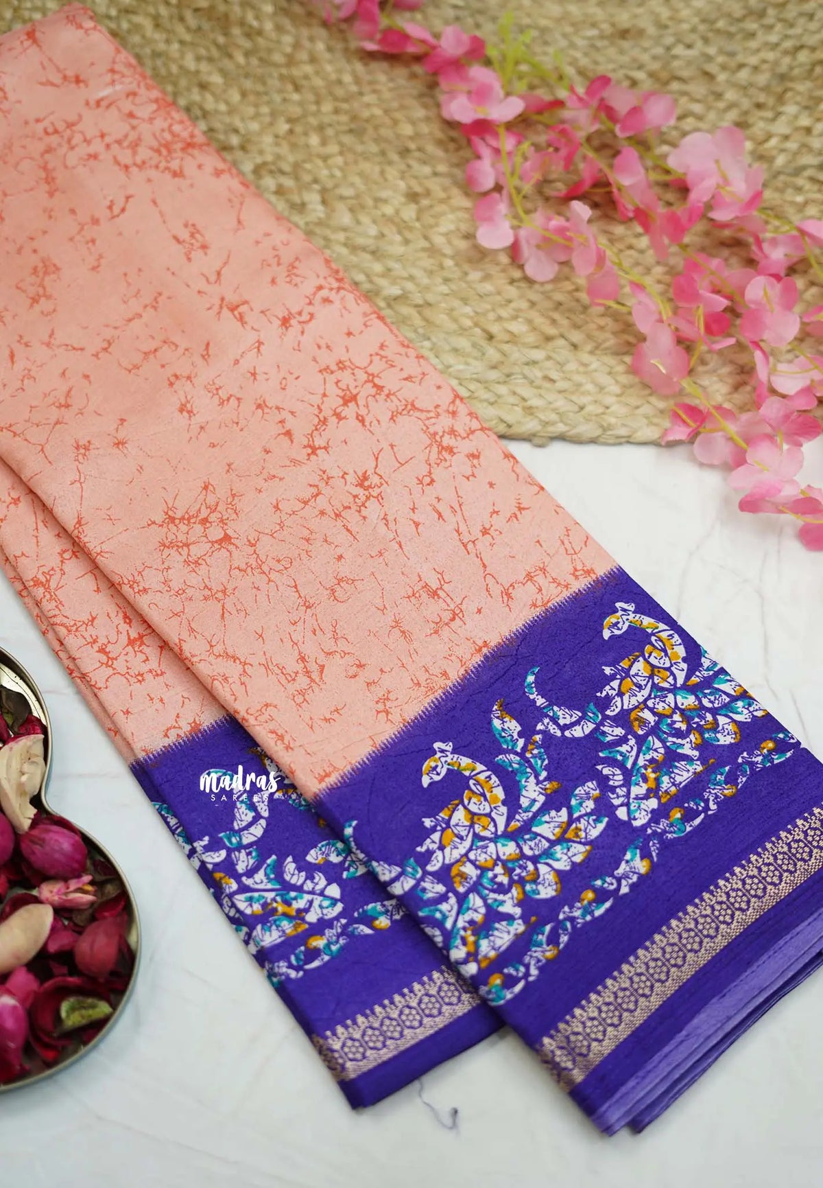 Uniform sarees Malgudi printed silk - Peach with violet blue