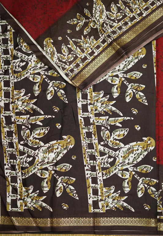 Uniform sarees Malgudi printed silk - Maroon with Brown