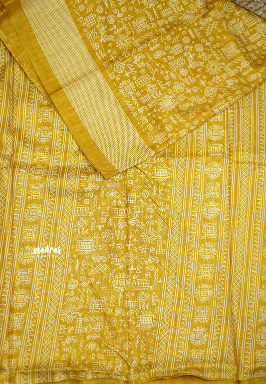 Uniform sarees Malgudi printed silk with tribal art designs - Golden Yellow