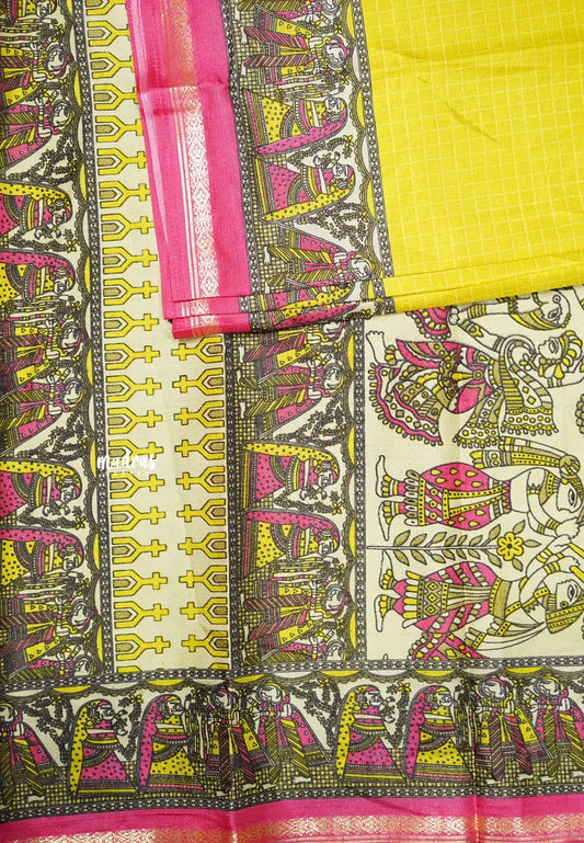 Uniform sarees Malgudi printed silk checks prints thread border - Mango yellow