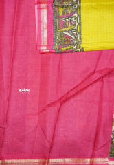 Uniform sarees Malgudi printed silk checks prints thread border - Mango yellow