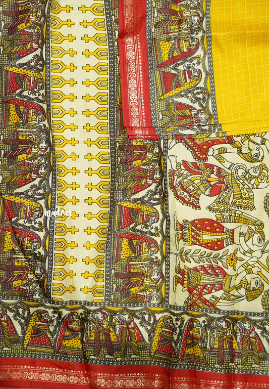 Uniform sarees Malgudi printed silk checks prints thread border - Mango yellow