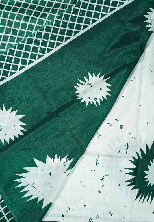 White with Green Border - Uniform sarees Malgudi printed silk