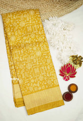 Uniform sarees Malgudi printed silk with tribal art designs - Golden Yellow