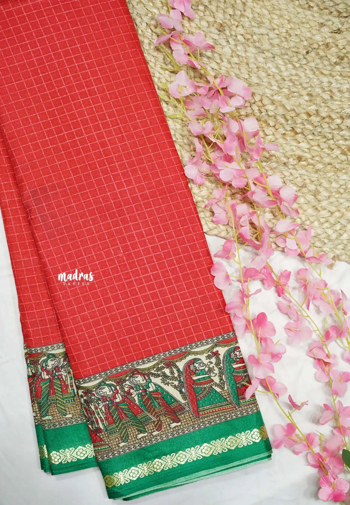 Uniform sarees Malgudi printed silk checks prints thread border - Bright red