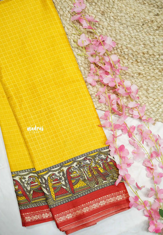 Uniform sarees Malgudi printed silk checks prints thread border - Mango yellow