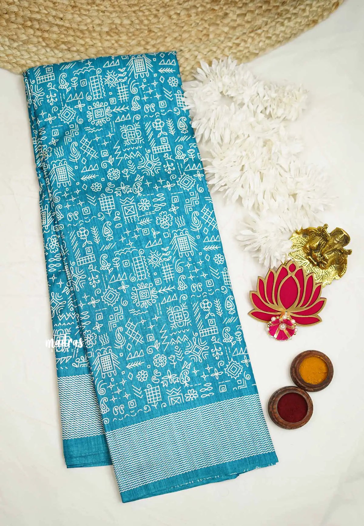 Uniform sarees Malgudi printed silk with tribal art designs - Ananda blue