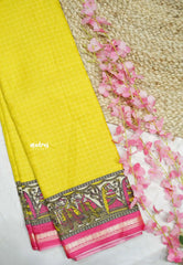 Uniform sarees Malgudi printed silk checks prints thread border - Mango yellow