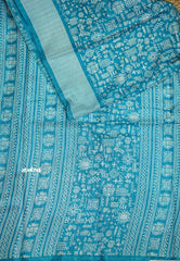 Uniform sarees Malgudi printed silk with tribal art designs - Ananda blue