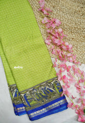 Uniform sarees Malgudi printed silk checks prints thread border - Green