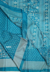 Uniform sarees Malgudi printed silk with tribal art designs - Ananda blue