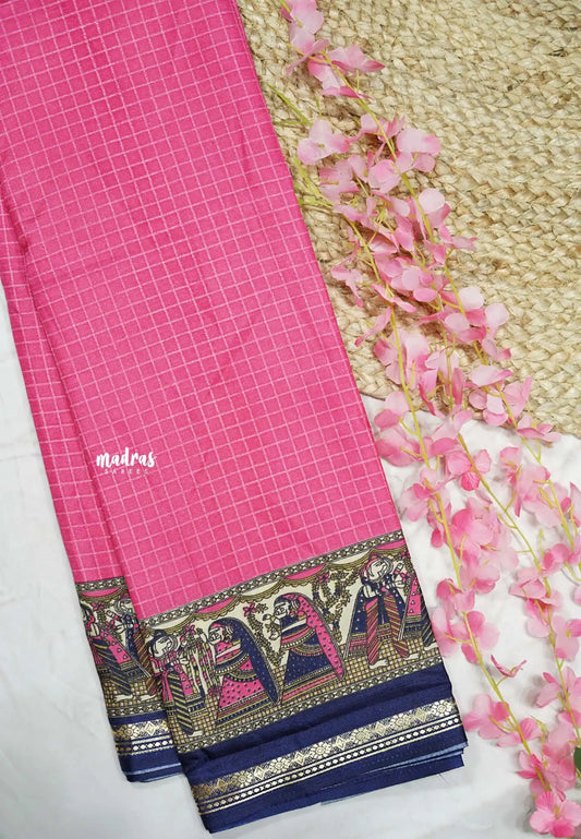 Uniform sarees Malgudi printed silk checks prints thread border - Rose pink