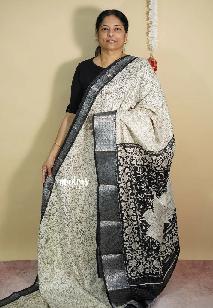 Ivory white - Malgudi printed silk pen kalamkari and floral prints with zari border