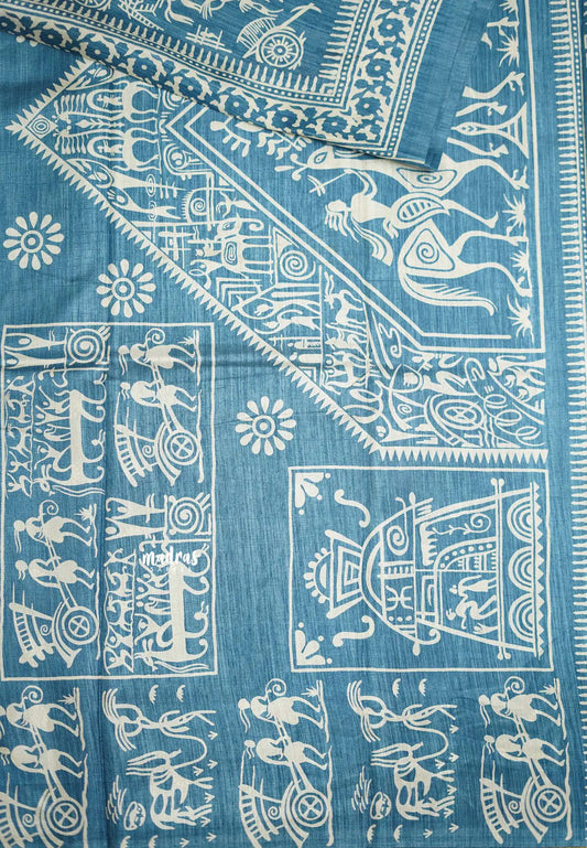 Uniform sarees Malgudi printed silk warli art designs - Pastel blue