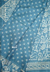 Uniform sarees Malgudi printed silk warli art designs - Pastel blue