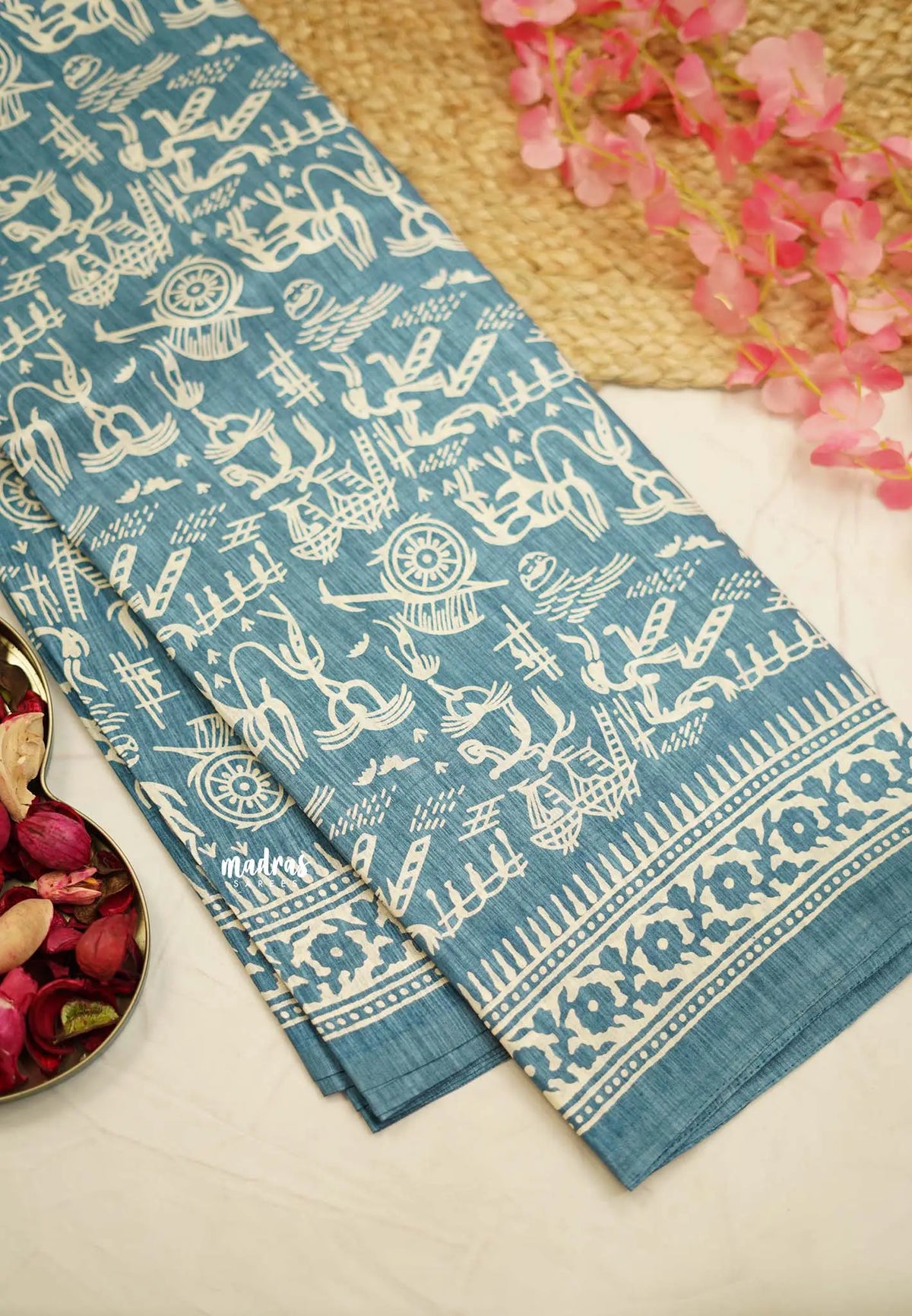 Uniform sarees Malgudi printed silk warli art designs - Pastel blue