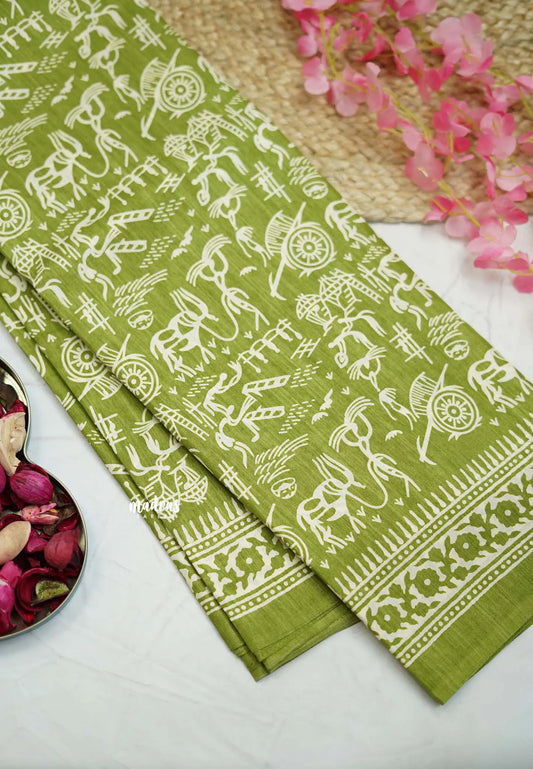 Uniform sarees Malgudi printed silk warli art designs - Pastel green