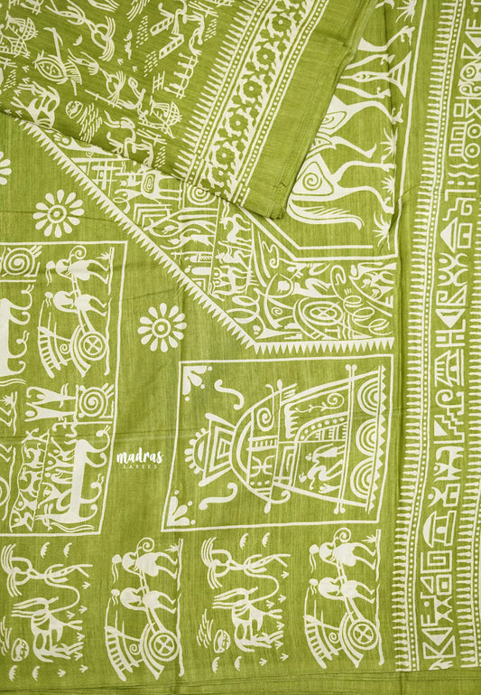 Uniform sarees Malgudi printed silk warli art designs - Pastel green