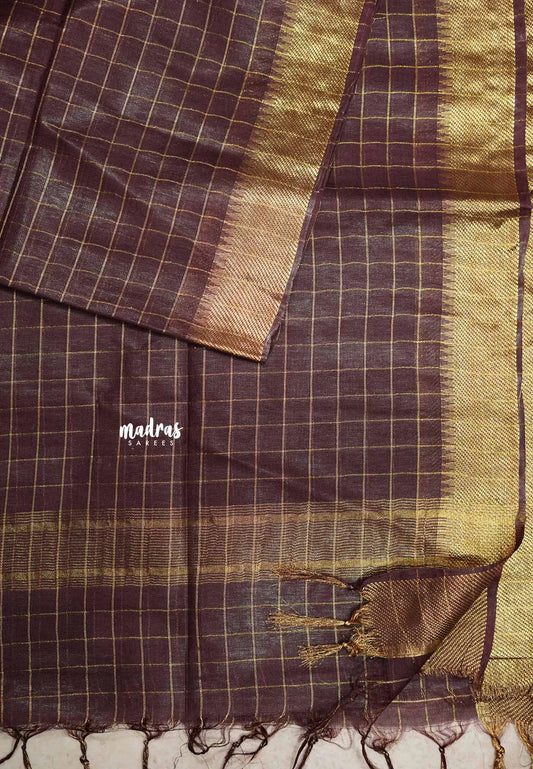 Mangalgiri semi pattu checks body with getti border  - Deep brown