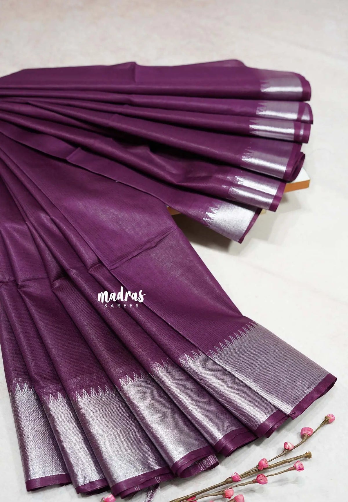 Royal Purple - Mangalgiri semi pattu with silver getti border