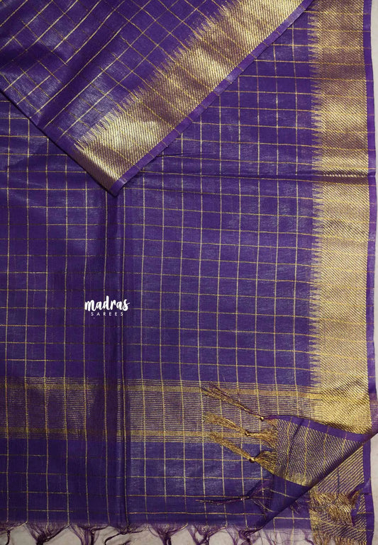 Mangalgiri semi pattu checks body with getti border  - Violet Purple