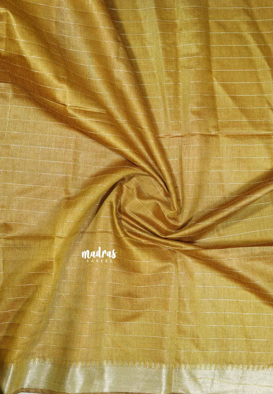 Golden yellow - Mangalgiri semi pattu checks body with silver getti border