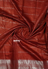 Dark Brick Red - Mangalgiri semi pattu Silver Big Checks with Silver Zari Border