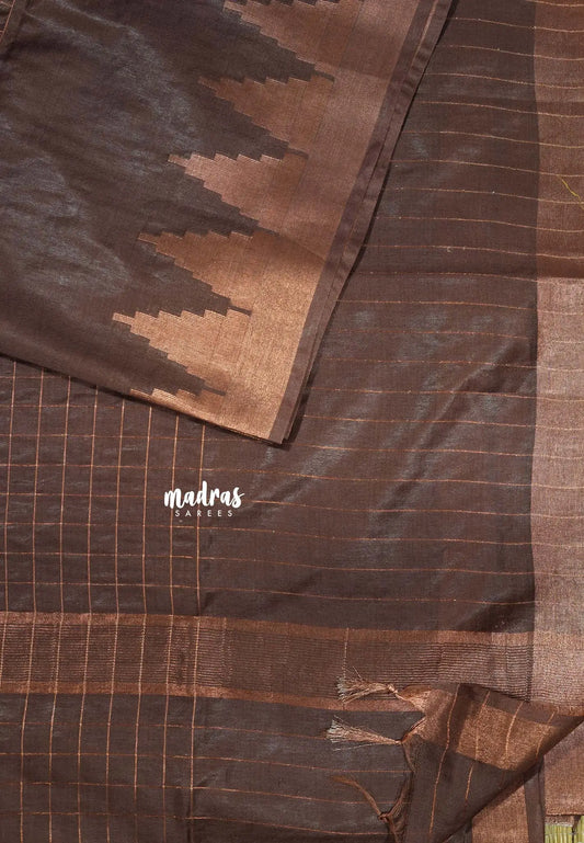 Chocolate Brown - Mangalgiri semi pattu checks body with Temple border