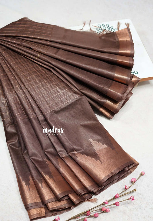 Chocolate Brown - Mangalgiri semi pattu checks body with Temple border