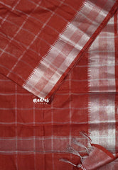 Dark Brick Red - Mangalgiri semi pattu Silver Big Checks with Silver Zari Border