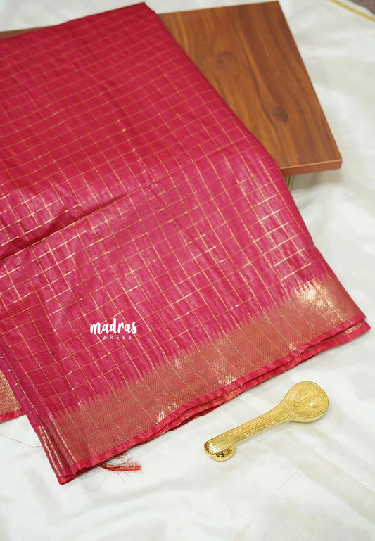 Reddish pink - Mangalgiri semi pattu checks body with getti border