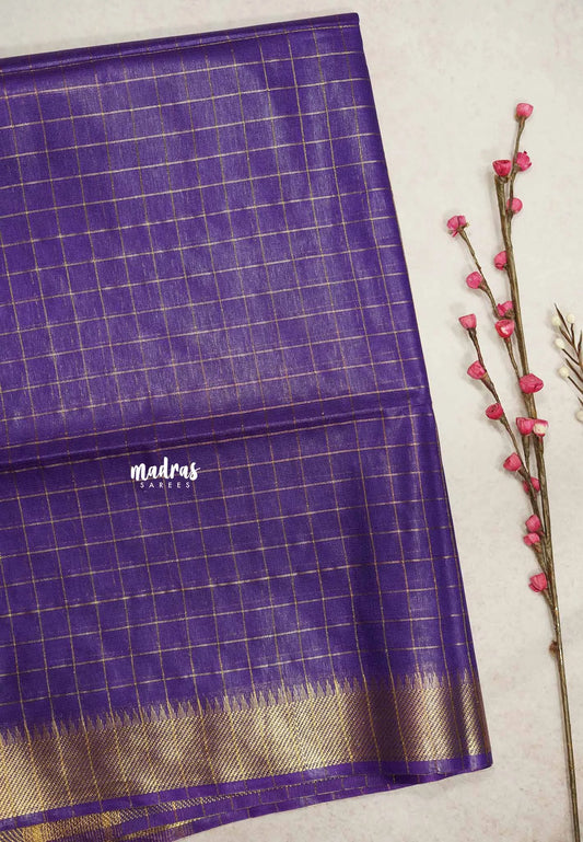 Mangalgiri semi pattu checks body with getti border  - Violet Purple