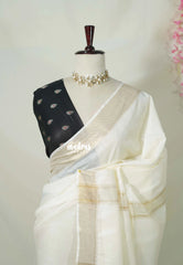 Ivory White - Mangalgiri semi pattu body with getti border with Double Blouse Combo - Best for Festive Wear