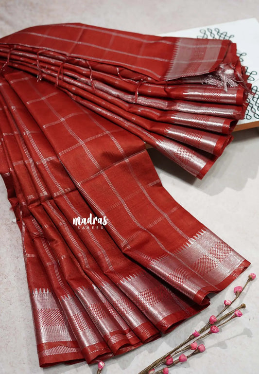 Dark Brick Red - Mangalgiri semi pattu Silver Big Checks with Silver Zari Border