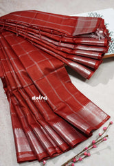 Dark Brick Red - Mangalgiri semi pattu Silver Big Checks with Silver Zari Border