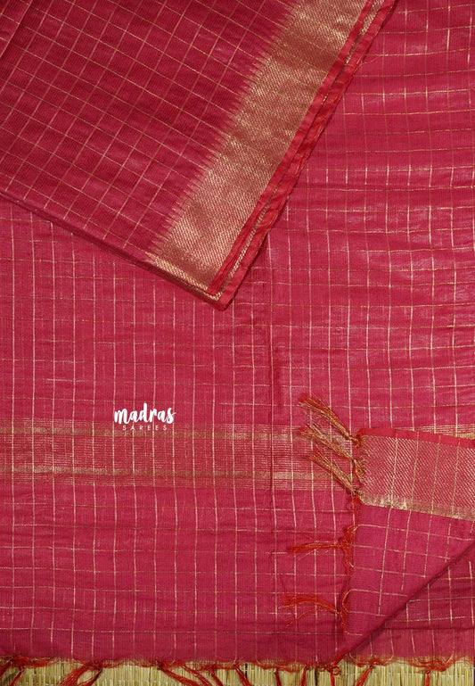 Reddish pink - Mangalgiri semi pattu checks body with getti border