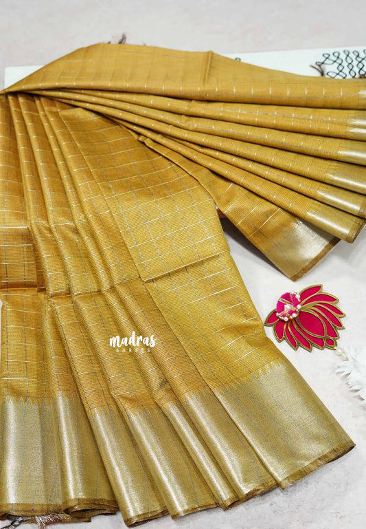 Golden yellow - Mangalgiri semi pattu checks body with silver getti border