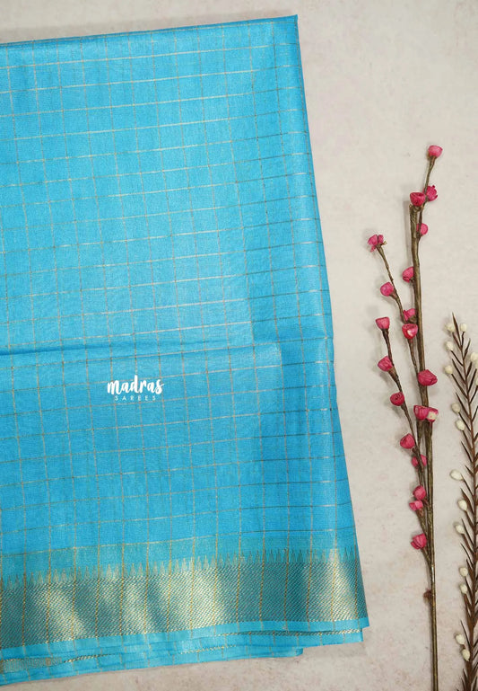 Mangalgiri semi pattu checks body with getti border  - Sky blue