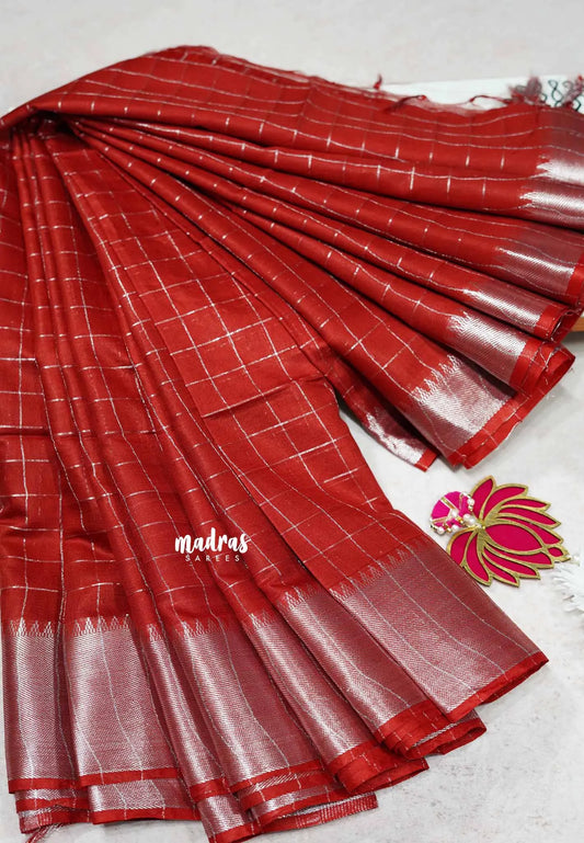 Crimson red - Mangalgiri semi pattu checks body with silver getti border