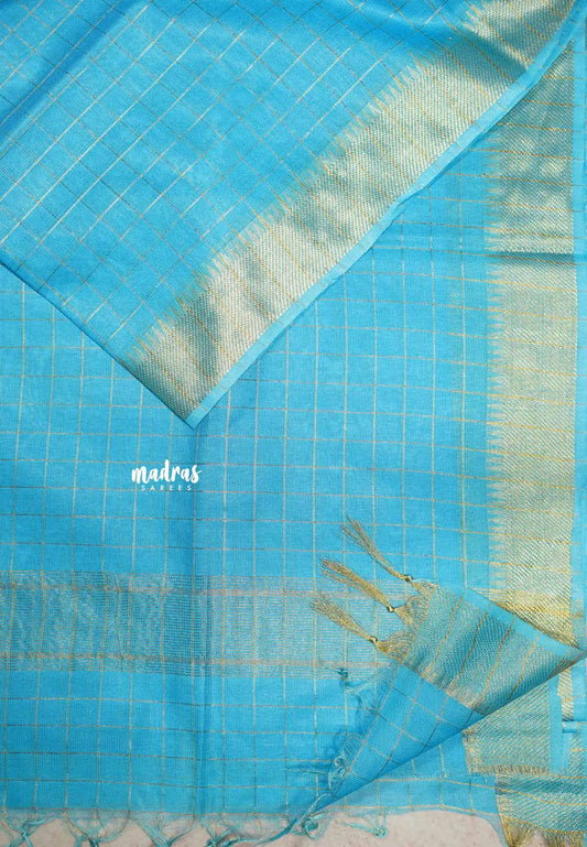 Mangalgiri semi pattu checks body with getti border  - Sky blue