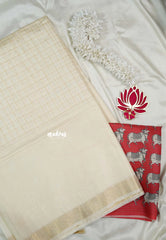 Ivory Cream - Mangalgiri - Semi pattu with double blouse combo - Best for Temple Visit