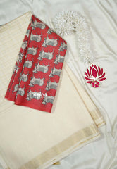 Ivory Cream - Mangalgiri - Semi pattu with double blouse combo - Best for Temple Visit